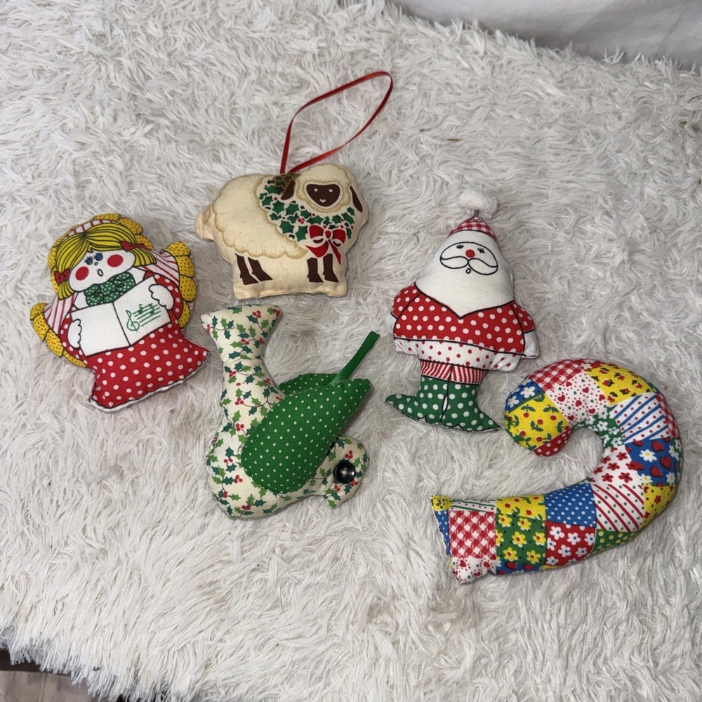 Vtg Handmade‎ Fabric Stuffed Christmas Ornament Lot of 5